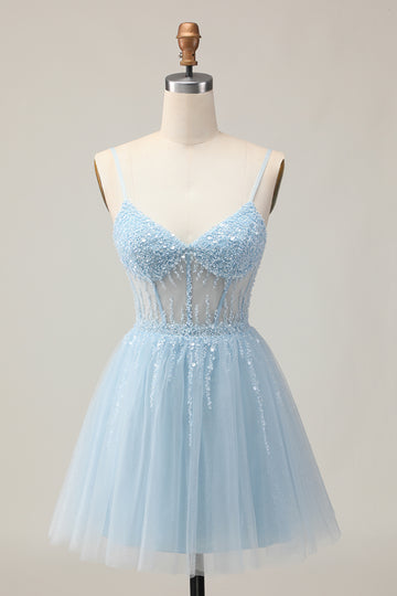 Cute Light Blue A-Line Sequined Homecoming Dress